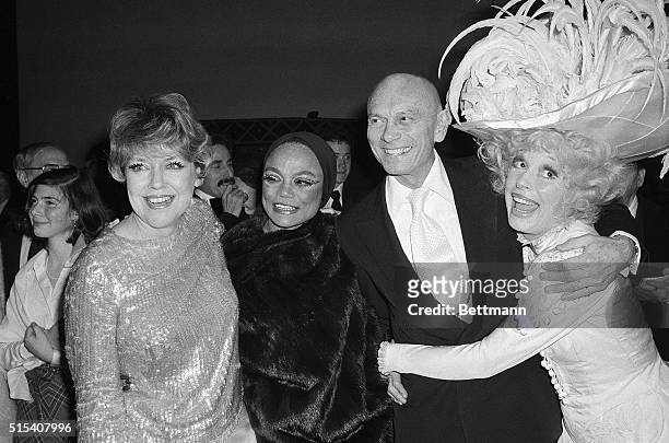 Trio of Broadway stars congratulates Carol Channing after her premiere of "Hello Dolly" at the Lunt-Fontanne Theater. Channing starred in the...