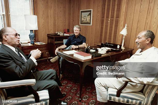 Camp David, MD- President Carter, Prime Minister Menachem Begin of Israel and President Anwar Sadat of Egypt continue their Middle East summit talks...