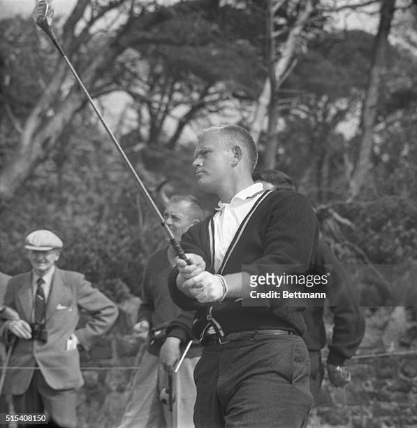 Jack Nicklaus, of Columbus, Ohio, looks grim after making a shot here May 14th during a practice session for the Walker Cup golf competition. On May...