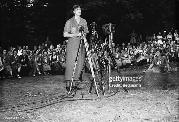 Briarcliff Manor, New York- Mrs. Franklin D. Roosevelt, wife of the President, is pictured during her address at the Girl Scout Silver Jubilee at...