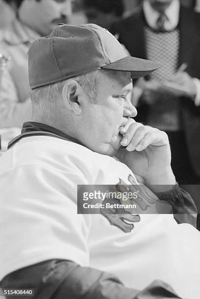 Red Sox manager Don Zimmer, dejected, sits in the clubhouse at Fenway Park after the New York Yankees won the Eastern Division of the American League...