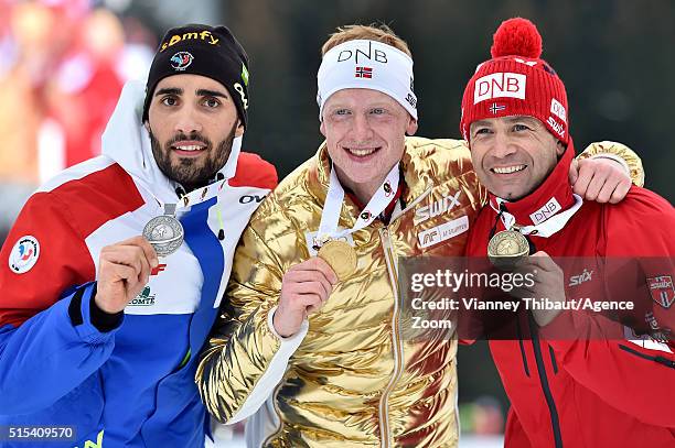 Johannes Thingnes Boe of Norway wins the gold medal, Martin Fourcade of france wins the silver medal, Ole Einar Bjoerndalen of Norway wins the bronze...