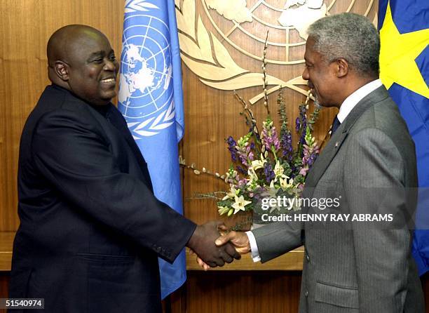United Nations Secretary-General Kofi Annan shakes hands with the President of the Democratic Republic of the Congo Laurent Kabila before their...
