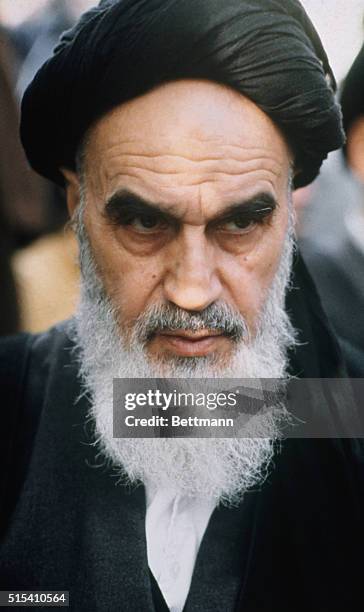 Ayatollah Ruhollah Khomeini in Paris during his exile. Khomeini was exiled from Iran in 1964, first taking up residence in Iraq, then moving to...