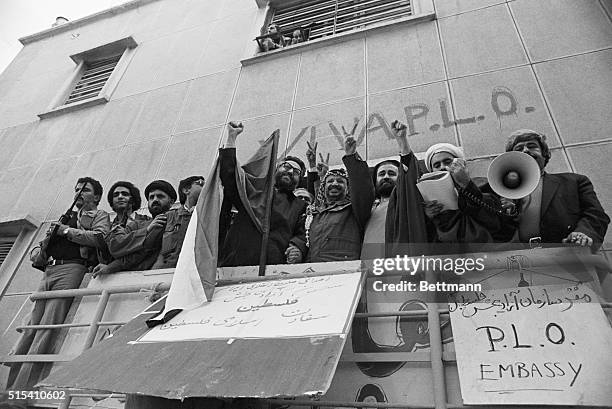 Tehran, Iran- Palestinian leader Yasser Arafat together with Iranian Deputy Premier Ibrahim Yazdi and Seyed Ahmed Khomeini , the son of Ayatollah...