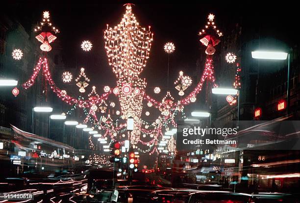 London, England- The city's West End shopping center begins to take on signs of the Christmas spirit with these festive lights just switched on in...