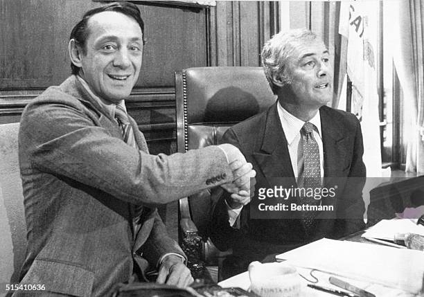 City supervisor Harvey Milk and San Francisco mayor George Moscone, April 1978. Both men were assassinated seven months later by former city...