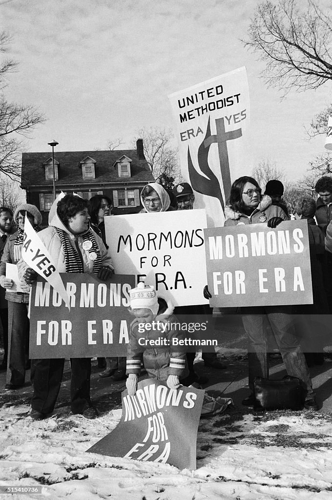 Women Stand with "Mormons for ERA" Signs