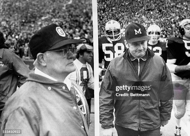 Ohio State head coach Woody Hayes and University of Michigan head coach Bo Schembechler are both grim-faced as they walk from the playing field at...