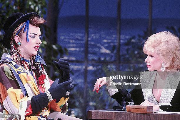 Hollywood, California: The Joan Rivers Show: Joan Rivers interviews singer Boy George during the show. Slide shows Joan Rivers and Boy George...