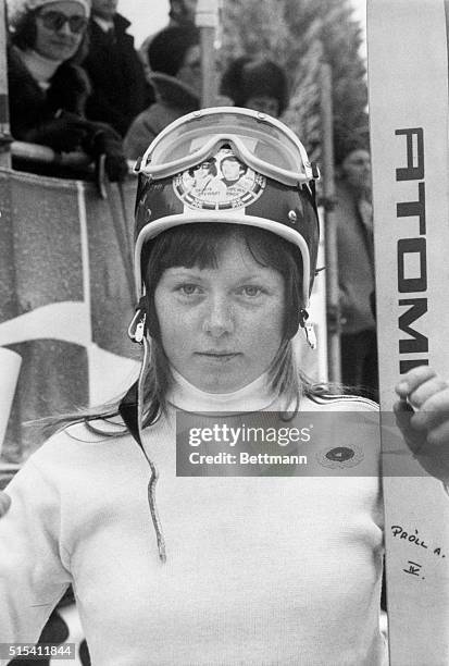 Pfronten, Germany-ORIGINAL CAPTION READS: Freckle-faced Anne Marie Proell of Austria, relaxes recently at Pfronten after winning her fourth straight...