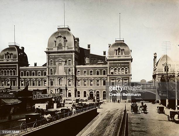Exterior view of Grand Central Depot, serving the New York Central and Hudson Railroad, the New York and Harlem Railroad, and the New York and New...