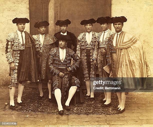 The matador, Luis Mazantini, and his "cuadrilla," or assistants pose for a group photograph. Photograph ca. 1900.
