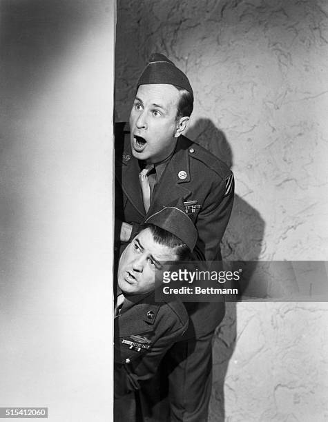 Bud Abbott and Lou Costello, the greatest comedy team of our time, in a scene from "Buck Privates Come Home" showing wide-eyed, open-mouth facial...