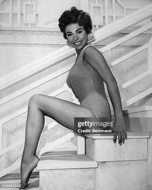 Actress Rita Moreno, full-length, in bathing suit. Ca. 1956.