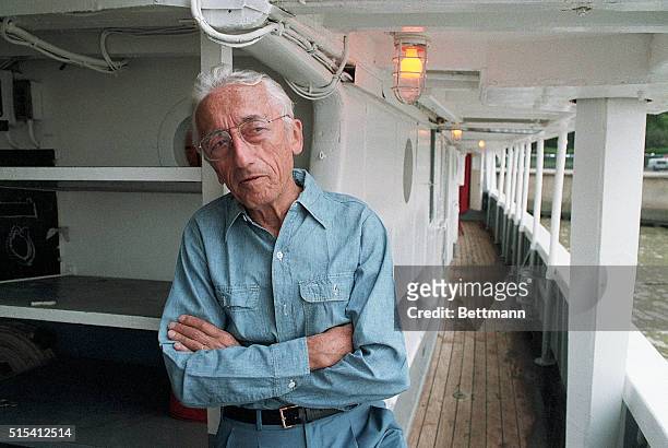 Mt. Vernon, VA-: Captain Jacques Cousteau aboard his ship "The Calypso" for his 75th birthday celebration. He is shown waist-up, with his head tilted...