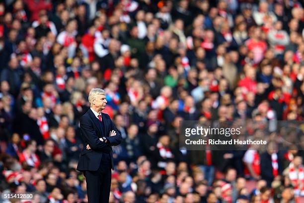 Arsenal manager Arsene Wenger looks on during The Emirates FA Cup Sixth Round match between Arsenal and Watford at the Emirates Stadium on March 13,...