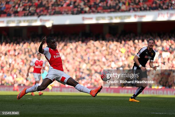 Joel Campbell of Arsenal fires a shot over the bar during The Emirates FA Cup Sixth Round match between Arsenal and Watford at the Emirates Stadium...