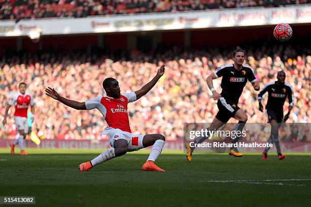 Joel Campbell of Arsenal fires a shot over the bar during The Emirates FA Cup Sixth Round match between Arsenal and Watford at the Emirates Stadium...