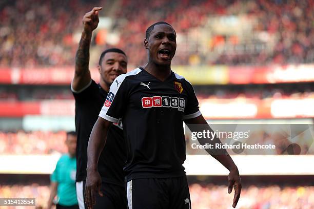 Odion Ighalo of Watford celebrates with team mate Troy Deeney as he scores their first goal during The Emirates FA Cup Sixth Round match between...