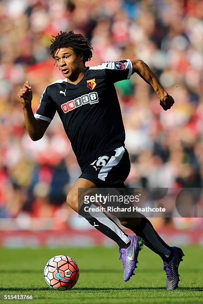 Nathan Ake of Watford in action during The Emirates FA Cup Sixth Round match between Arsenal and Watford at the Emirates Stadium on March 13, 2016 in...