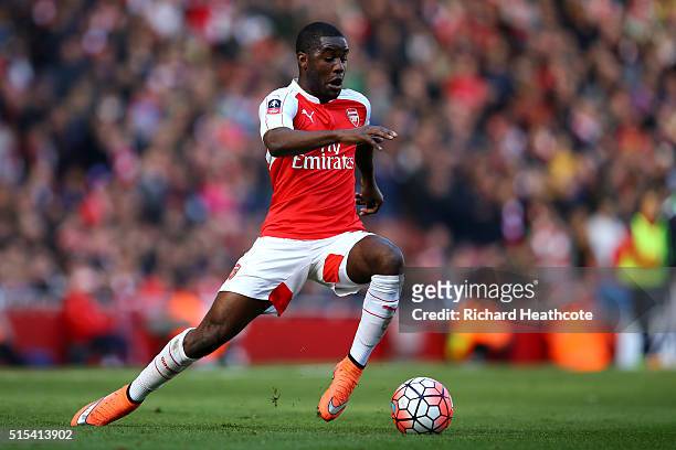 Joel Campbell of Arsenal in action during The Emirates FA Cup Sixth Round match between Arsenal and Watford at the Emirates Stadium on March 13, 2016...