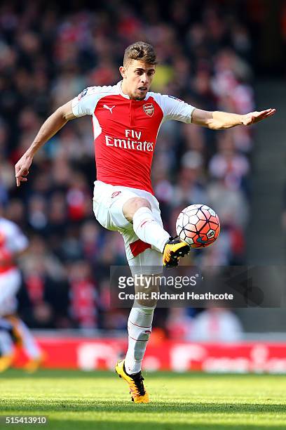 Gabriel Paulista of Arsenal in action during The Emirates FA Cup Sixth Round match between Arsenal and Watford at the Emirates Stadium on March 13,...