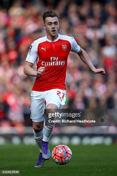 Calum Chambers of Arsenal in action during The Emirates FA Cup Sixth Round match between Arsenal and Watford at the Emirates Stadium on March 13,...