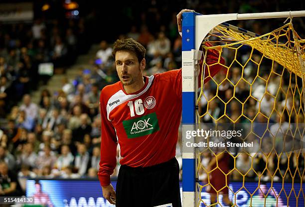 Goalkeeper Carsten Lichtlein of Germany reacts during a international friendly handball match between Germany and Qatar at Max-Schmeling-Halle on...