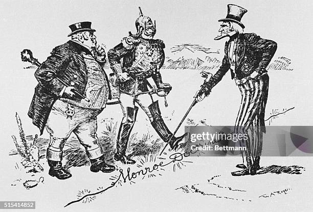 "That's a live wire, gentlemen." Uncle Sam warning John Bull and Kaiser Wilhelm not to transgress American territory.