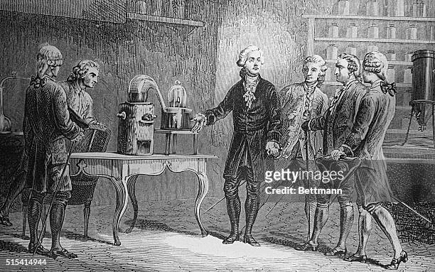 Antoine Lavoisier, , is shown demonstrating the decomposition of water.