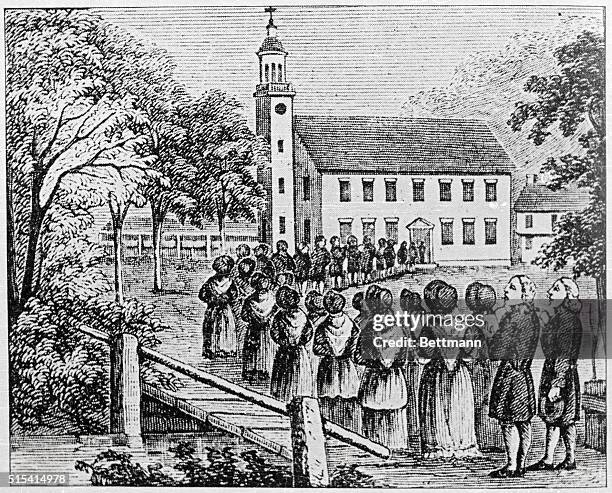 Print from 1740 depicts a procession of men and women entering a church in Colonial America.