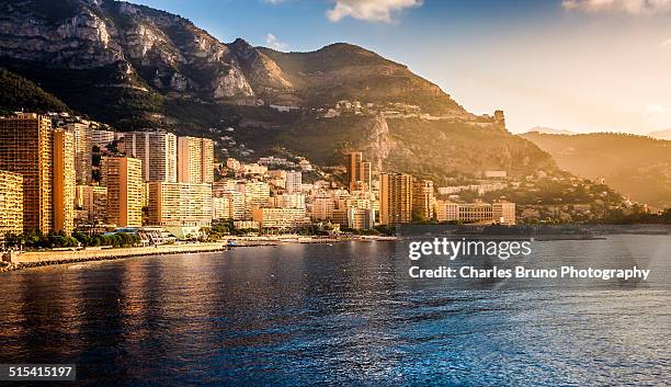 monte carlo harbor at sunrise - monte carlo harbour stock pictures, royalty-free photos & images