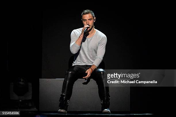 Mans Zelmerloew performs during the final rehearsal of Melodifestivalen 2016 Final at Friends Arena on March 12, 2016 in Stockholm, Sweden.