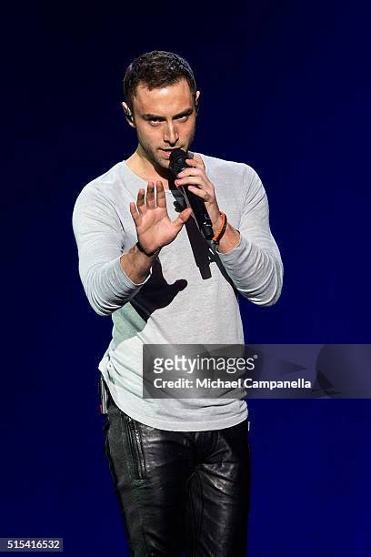 Mans Zelmerloew performs during the final rehearsal of Melodifestivalen 2016 Final at Friends Arena on March 12, 2016 in Stockholm, Sweden.