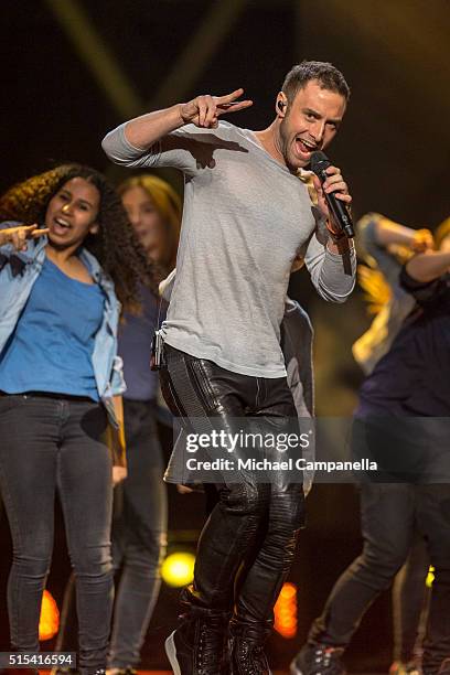 Mans Zelmerloew performs during the final rehearsal of Melodifestivalen 2016 Final at Friends Arena on March 12, 2016 in Stockholm, Sweden.