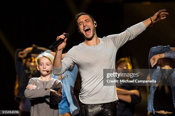 Mans Zelmerloew performs during the final rehearsal of Melodifestivalen 2016 Final at Friends Arena on March 12, 2016 in Stockholm, Sweden.