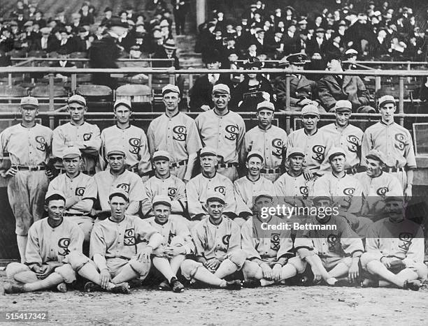 Group shot of the 1919 White Sox. They would after this year be known as the "Black Sox Scandal" team, due to the allegation that eight members of...