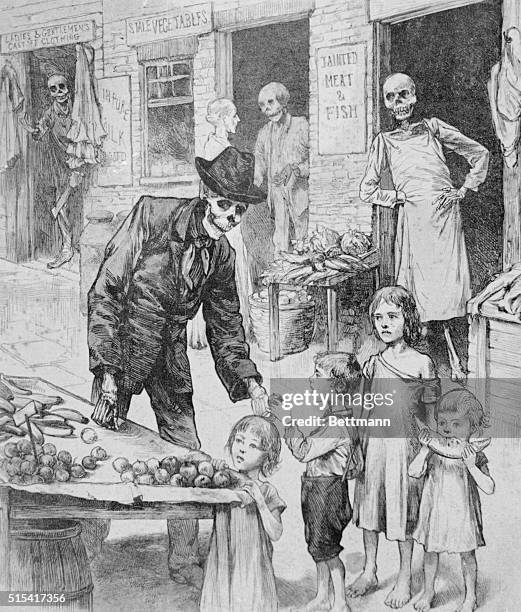 Cartoon depicting how bad food helps spread cholera, 1884.