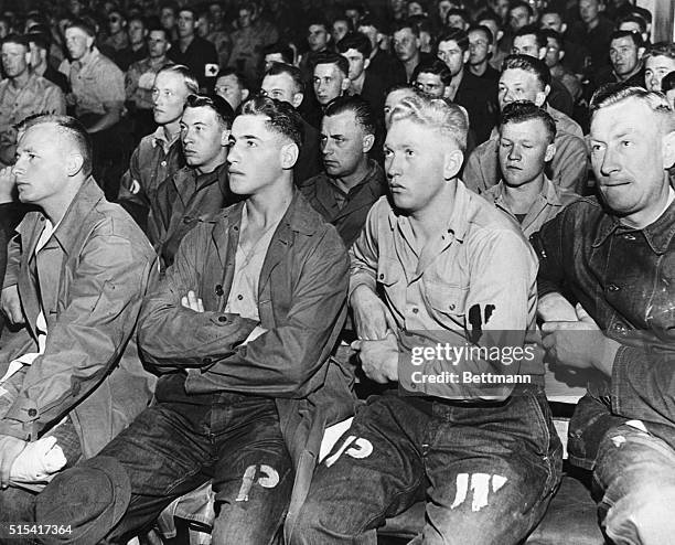 These Were Our Enemies - German Prisoners of War watch newsreels of unspeakable atrocities at Buchenwald, Nordhausen and other Nazi mass murder...