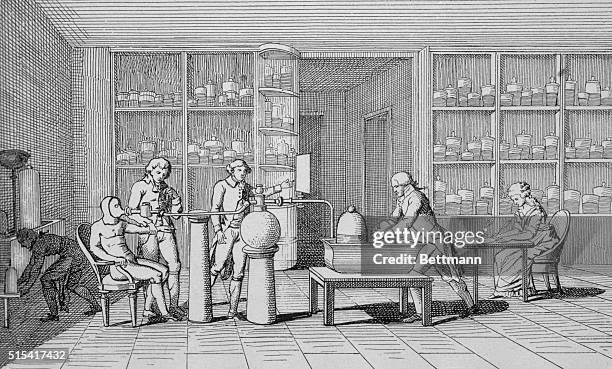 Lavoisier in his laboratory during experiment in respiration. At right Madame Lavoisier takes notes.