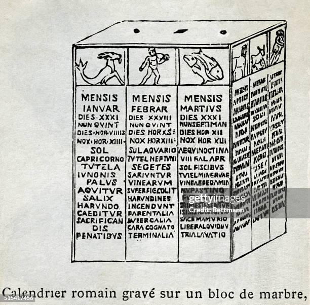 Roman calendar carved in marble. Undated illustration.