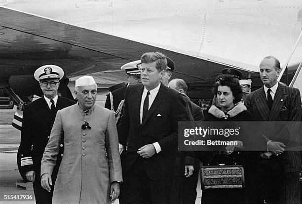 President John F. Kennedy meets Indian Prime Minister Jawaharlal Nehru at the Quonset Point Naval Air Station. Indira Gandhi is to Kennedy's left. |...