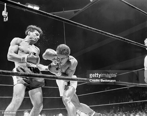 Water sprays from the head of Eduardo Lausse as he lands a hard left to the body of Milo Savage, Salt Lake City middleweight, during the fourth round...