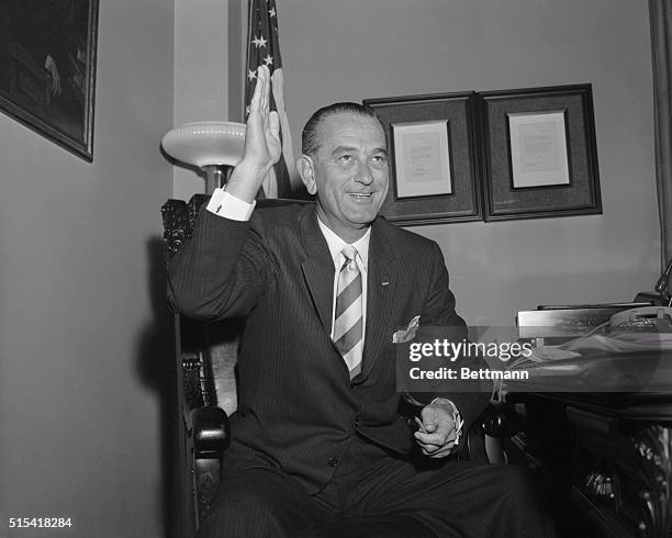 Senate majority leader, Lyndon B. Johnson, D-Tex., who suffered a heart attack last July 2, is shown as he "conducted" a press conference at Capitol...