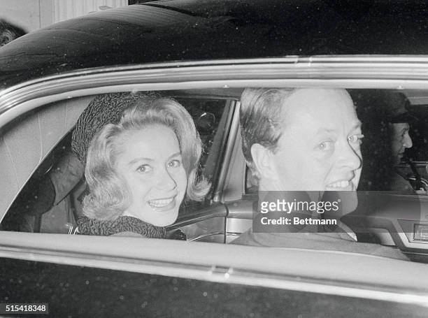 Radiant smiles light the faces of Tina Livanos and her new husband, the Marquess of Blandford, as they ride away after a civil marriage ceremony at...