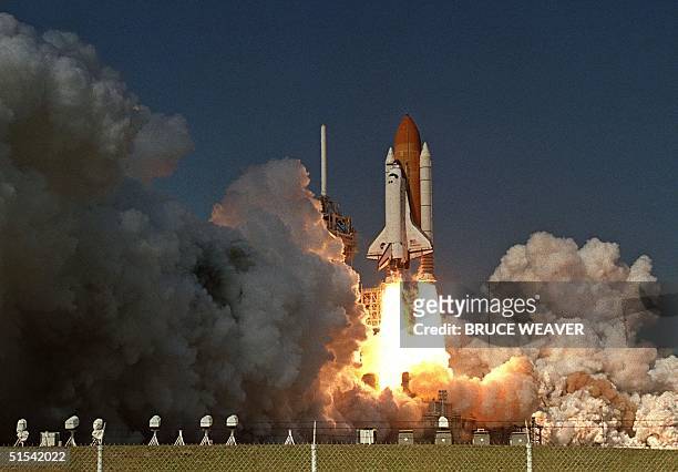 The US space shuttle Endeavour lifts off from pad 39-A at Kennedy Space Center 11 February 2000 in Florida. The Endeavour and her six-person...