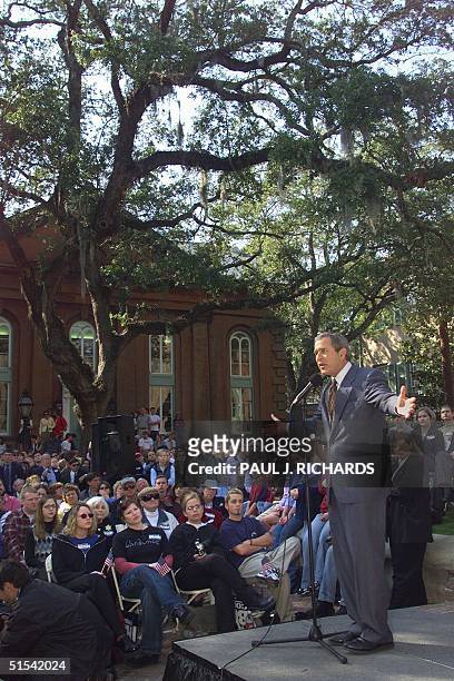 Republican presidential hopeful, Texas Governor George W. Bush, delivers his message to the approximately 1,000 people that came out to hear his...