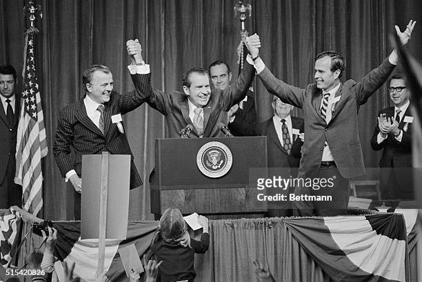 Longview, Texas: President Richard M. Nixon , in Texas on the campaign trail, raises the hands of Republican gubernatorial candidate Paul Eggers and...