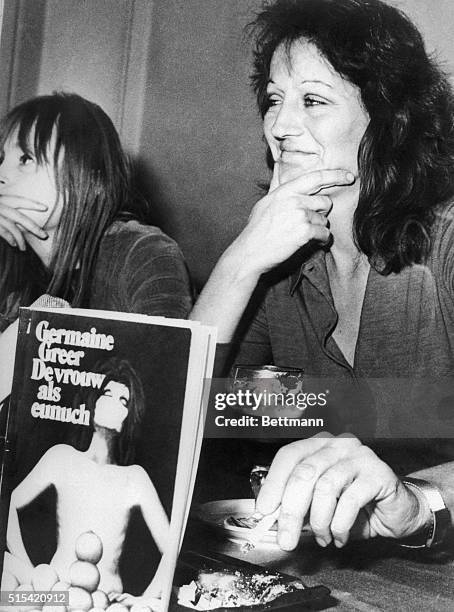 Women's liberationist Germaine Greer, author of the best seller The Female Eunuch, talks to newsmen at the King's Hotel March 11th, after she was...